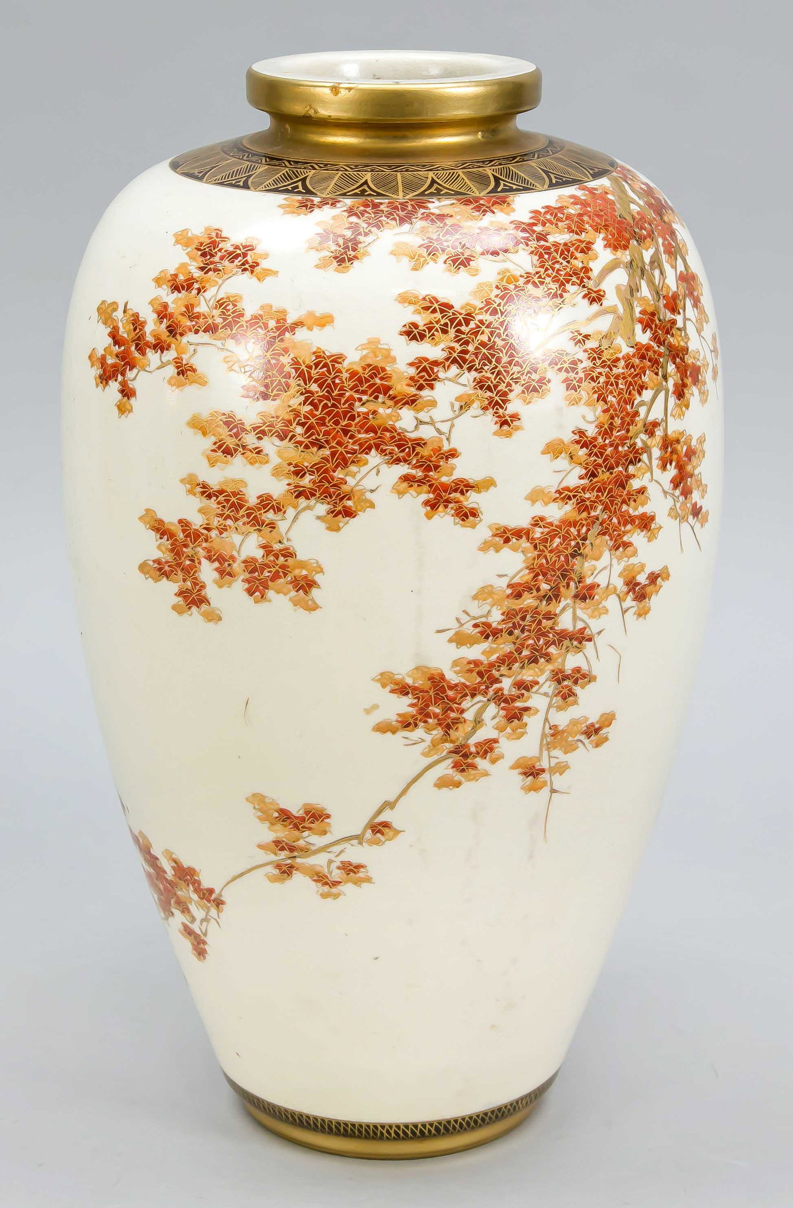 Satsuma vase, Japan, 1st half: Satsuma vase, Japan, 1st half of the 20th century, surrounding decor with autumnal maple. Marked under the bottom, h. 32 cm.