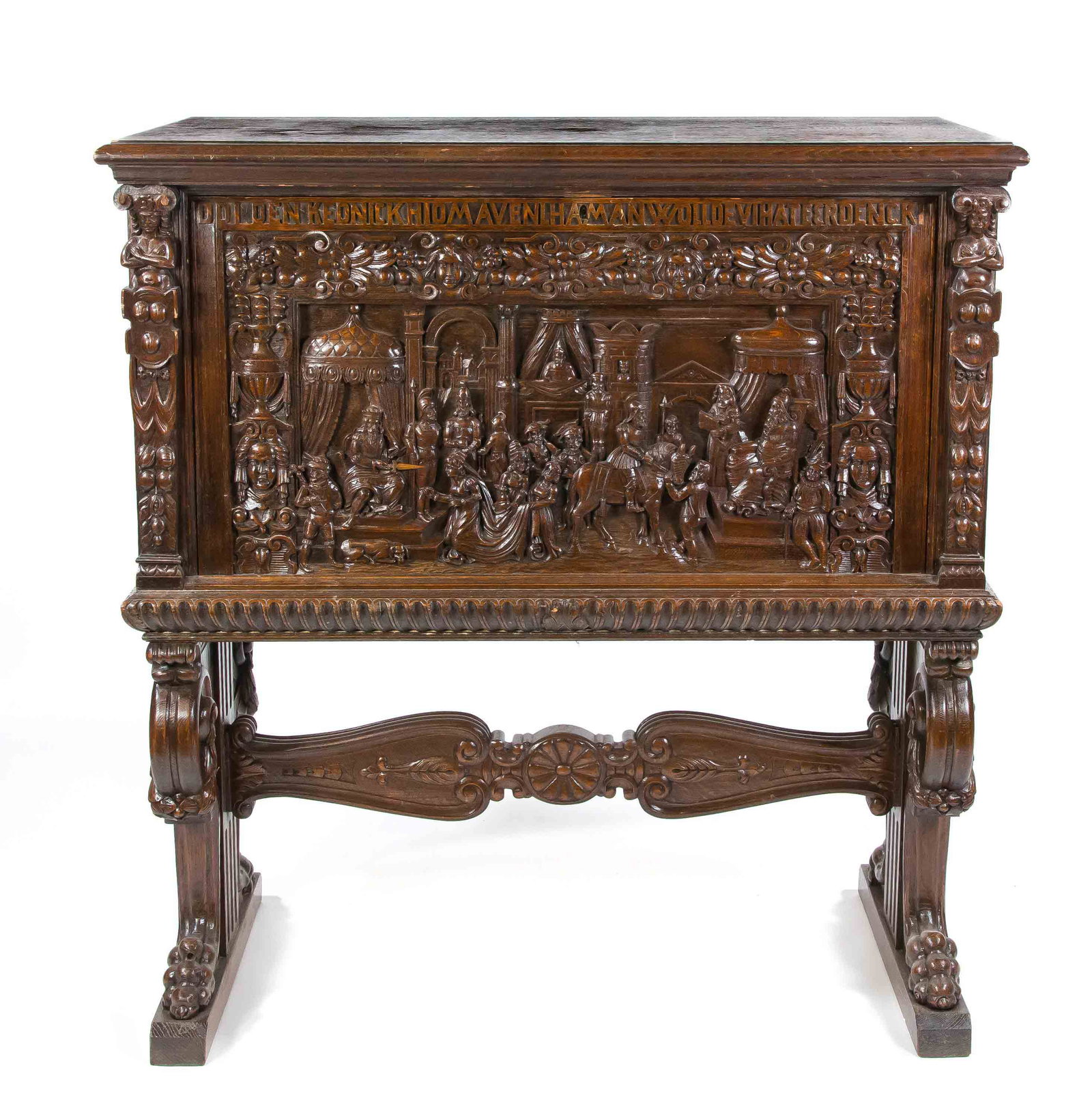 Bar/fridge, late 19th century,: Bar/fridge, late 19th century, solid oak/veneer, elaborately carved in typical period style, depicting a courtly scene on the front, hinged top to the front, marbled cold compartment behind, 122 x 115