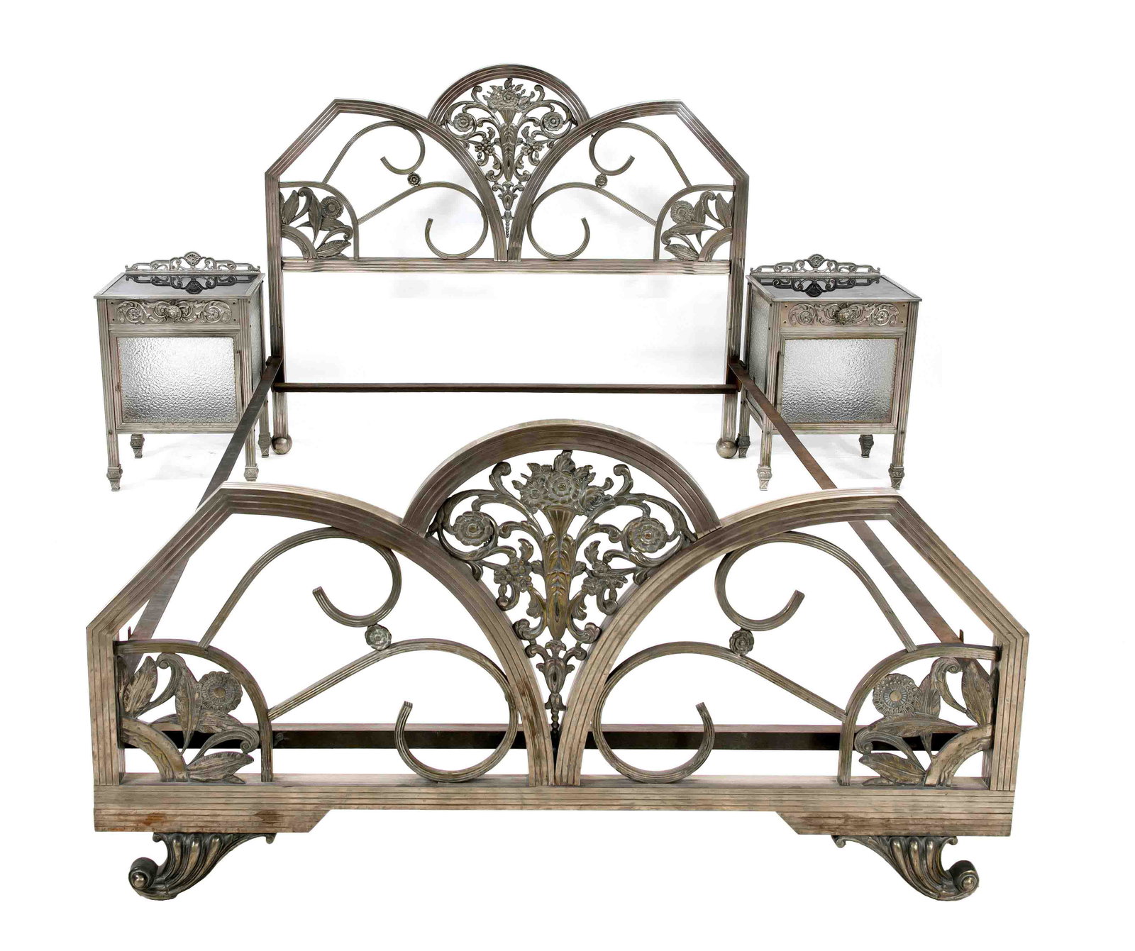 Art Deco bedstead with two bed: Art Deco bedstead with two bedside cabinets, probably France circa 1920, nickel plated brass, relief and black glass, 116 x 136 x 200 cm / 62 x 42 x 32 cm