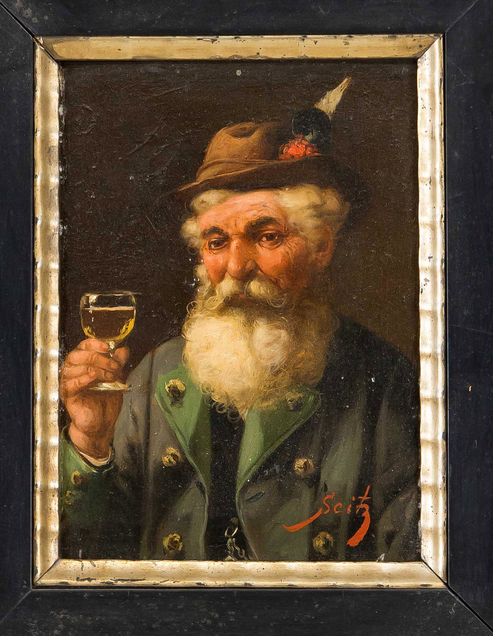 Otto Seitz (1846-1912), Bavari: Otto Seitz (1846-1912), Bavarian peasant with raised wine glass, oil on wood, signed ''Seitz'' lower right, 21.5 x 15.5 cm, framed 38 x 32 cm