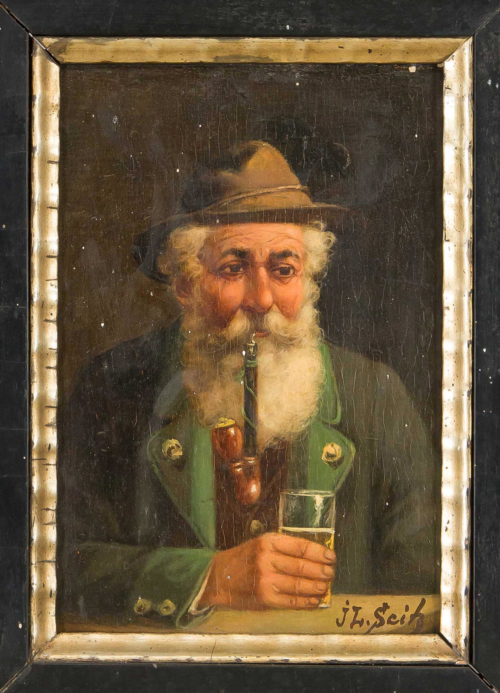 J.L. Seitz, south German paint: J.L. Seitz, south German painter c. 1900, Bavarian hunter with pipe and beer glass, oil on wood, signed lower right, 21 x 14 cm, framed 37 x 31 cm