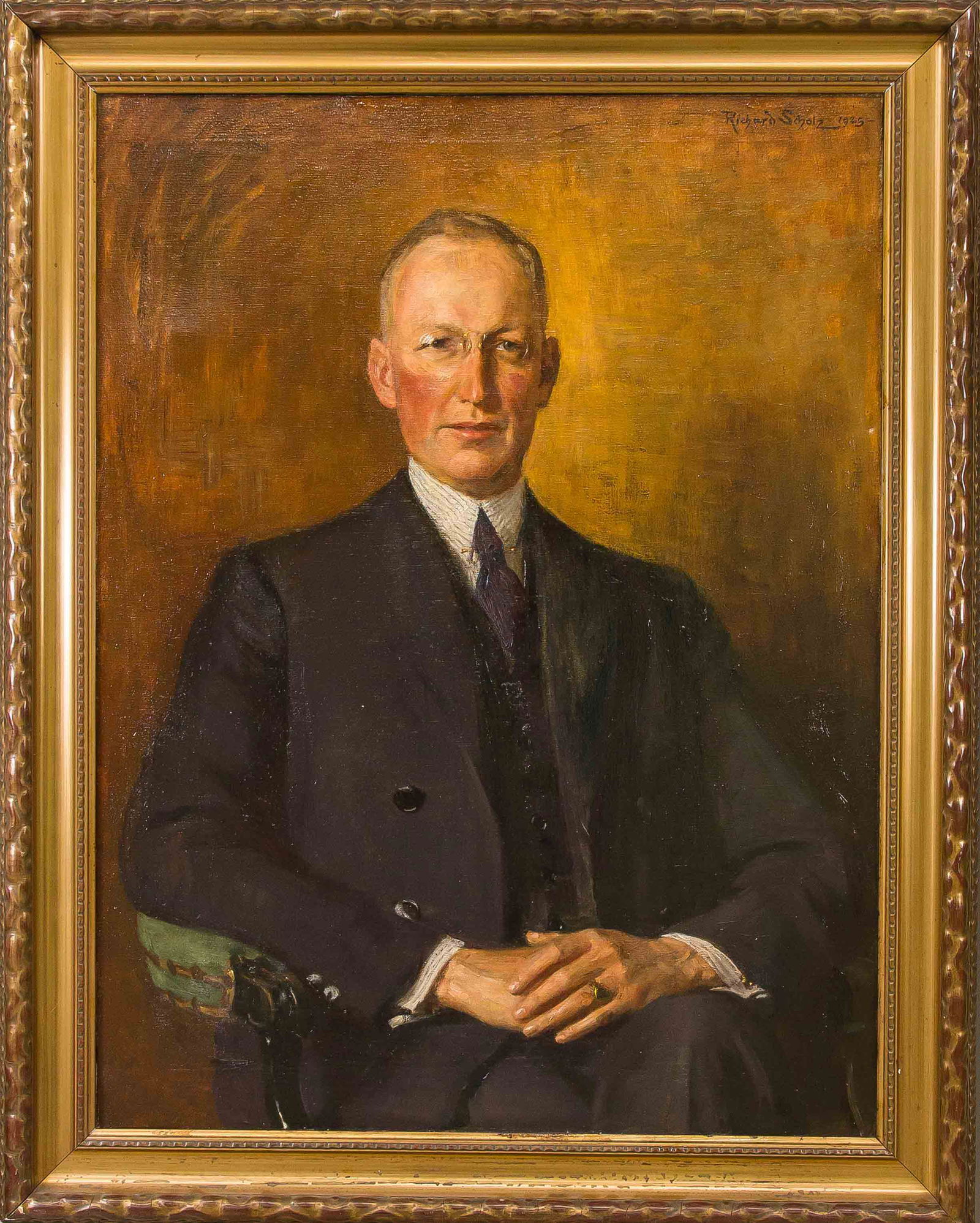 Richard Scholz (1860-1939), Po: Richard Scholz (1860-1939), Portrait of a man in an armchair, according to the consignor a member of the Berlin merchant family Freudenberg, oil on canvas, signed u. r. dated ''Rich Scholz 1925'', 102