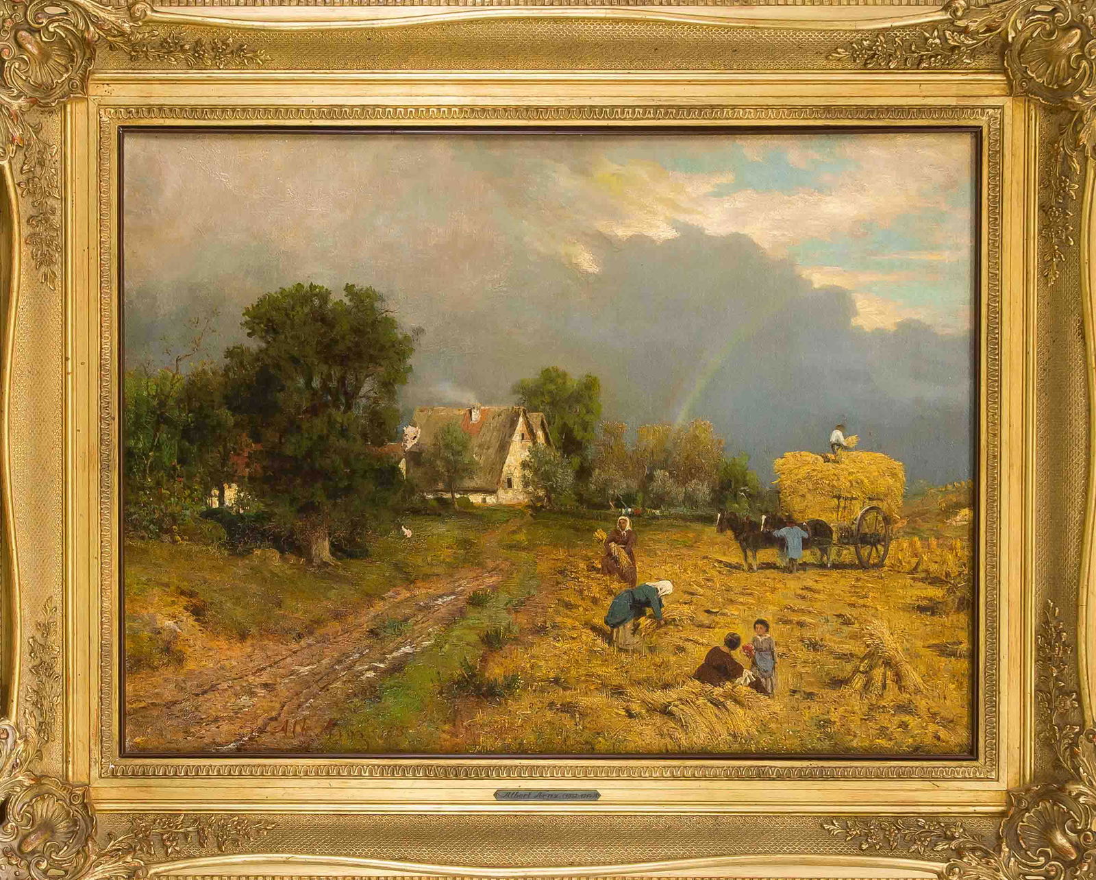 Albert Arnz (1832-1914), DÃ¼sse: Albert Arnz (1832-1914), DÃ¼sseldorf landscape painter, student of Oswald Achenbach, with whom he traveled the Roman Campagna and Naples. Family at harvest with a rainbow in the background, oil on c