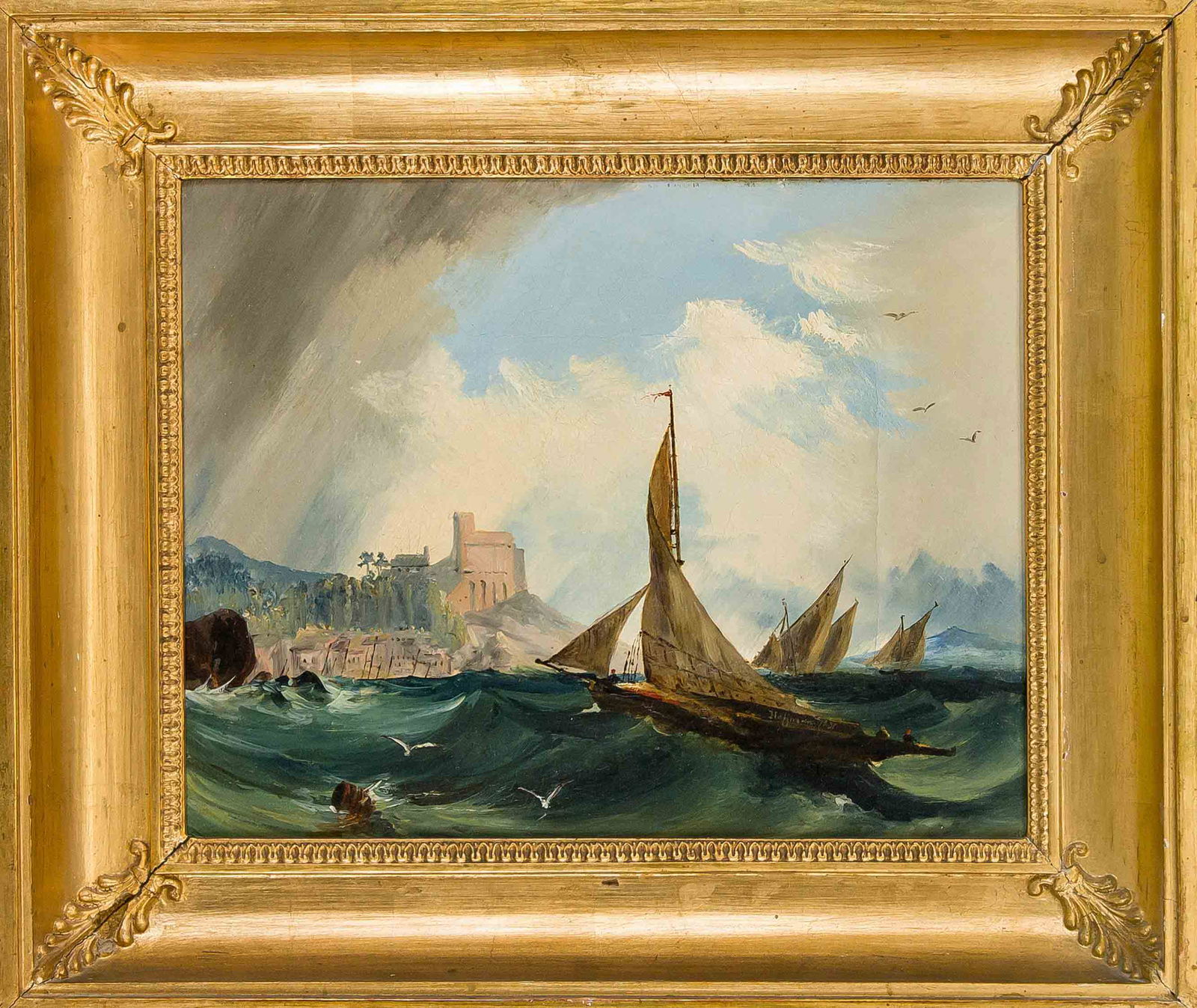Unknown painter 1831, Sailboat: Unknown painter 1831, Sailboats in a storm in front of a castle, oil on canvas, 24,8 x 32 cm, dated on the back in brown pen ''den 26 September 1831'', Empire frame of the time 37 x 43 cm