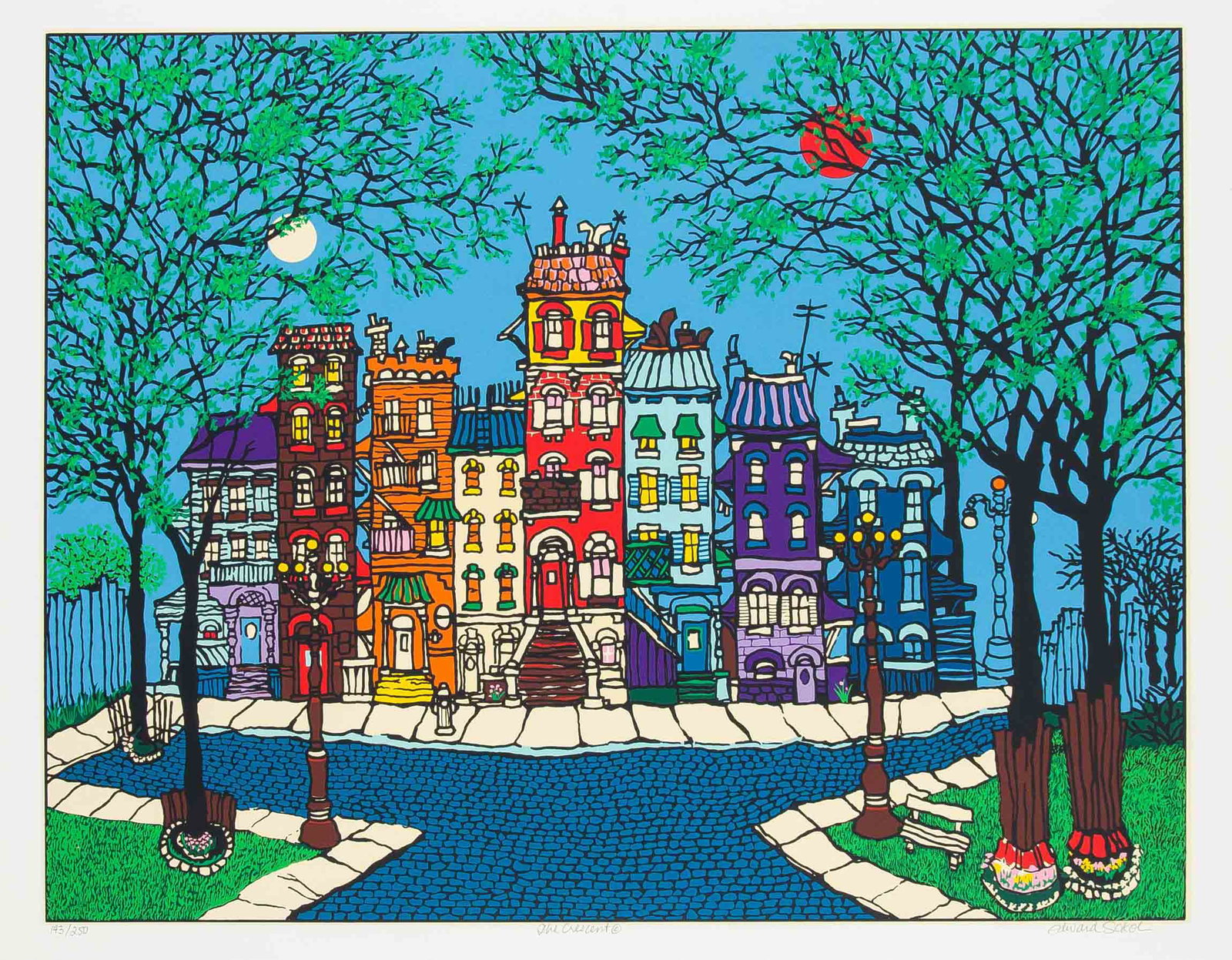 Edward Sokol (*1945), us Ameri: Edward Sokol (*1945), us American painter and graphic artist in New York. Apparently inspired by James Rizzi, he still creates colorful depictions of urban life. ''The Crescent'', color serigraph on s