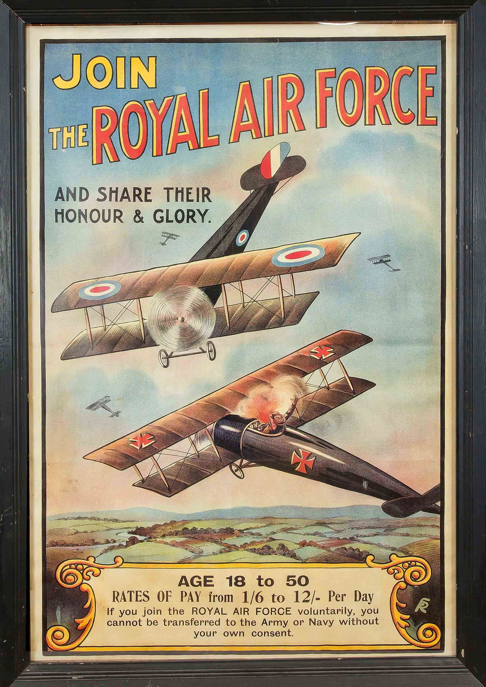 English World War I propaganda: English World War I propaganda poster ''Join the Royal Air Force'', color offset print after lithograph, 2nd half of 20th c., 75 x 50 cm, framed 82 x 58 cm