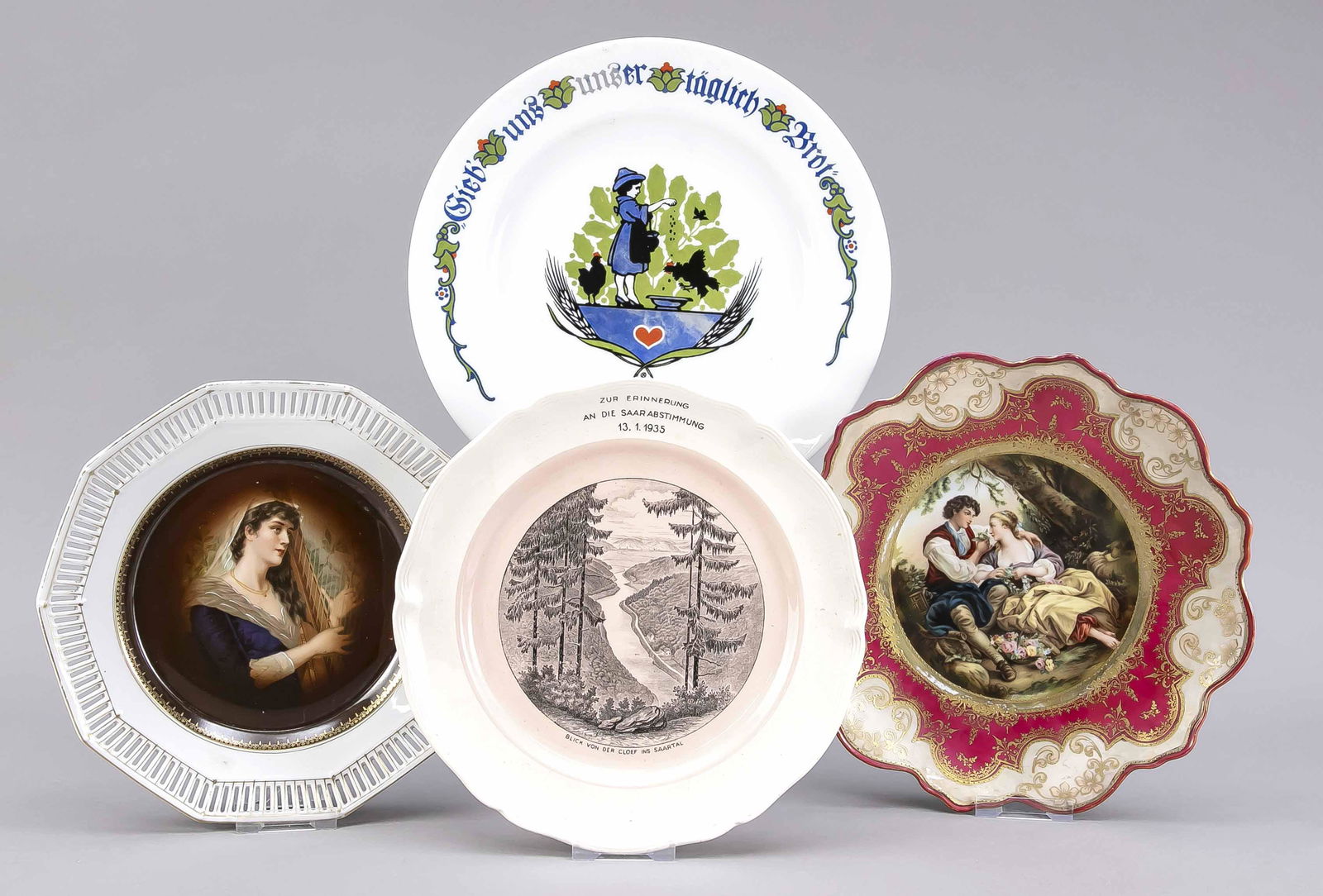 Four plates, early 20th c., Art Nouv: Four plates, early 20th c., Art Nouveau plate, Rosenthal, Selb, polychrome decoration with girl, feeding chickens and inscription 'Gieb uns unser tÃ¤glich Brot', Ã˜ 27,5 cm, ceramic plate, Villero