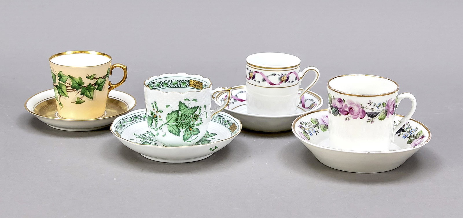 Four mocha cups with saucers, cup wi: Four mocha cups with saucers, cup with rose painting, Gotha, c. 1802-1834, h. 7 cm, cup with saucer, Herend, Indian basket in green, 20th c., h. 6 cm, cup with saucer, Royal Copenhagen, 1953, 2nd choi