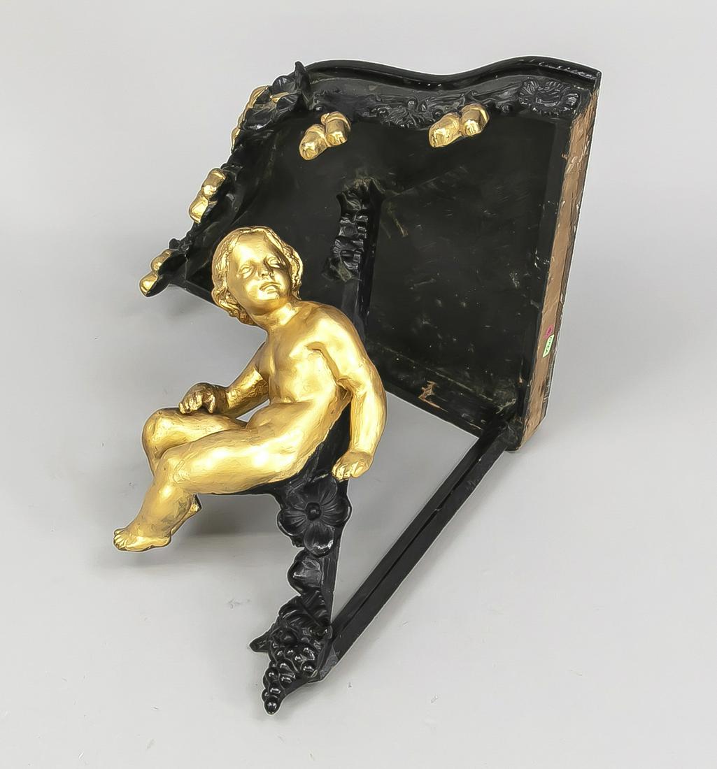 Corner console, end of 19th ce: Corner console, end of 19th century, wood, black and gold painted, top plate curved to fit, 38 cm