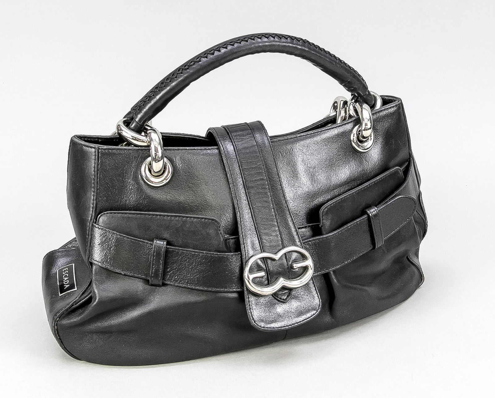 Escada, Small Shoulder Bag, bl: Escada, Small Shoulder Bag, black smooth leather, silver-tone hardware, short double handles, flap with frontal logo decorative buckle, textile interior in red, signs of age and wear, ca. 19 x 34 x 11