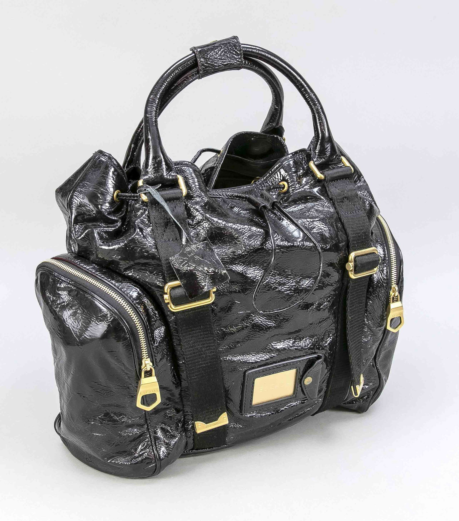 Escada, large pouch bag, dark: Escada, large pouch bag, dark brown patent leather with textile details, gold-tone hardware, short double handles, closure by drawstring and snap button, side pockets with zippers, textile interior, s