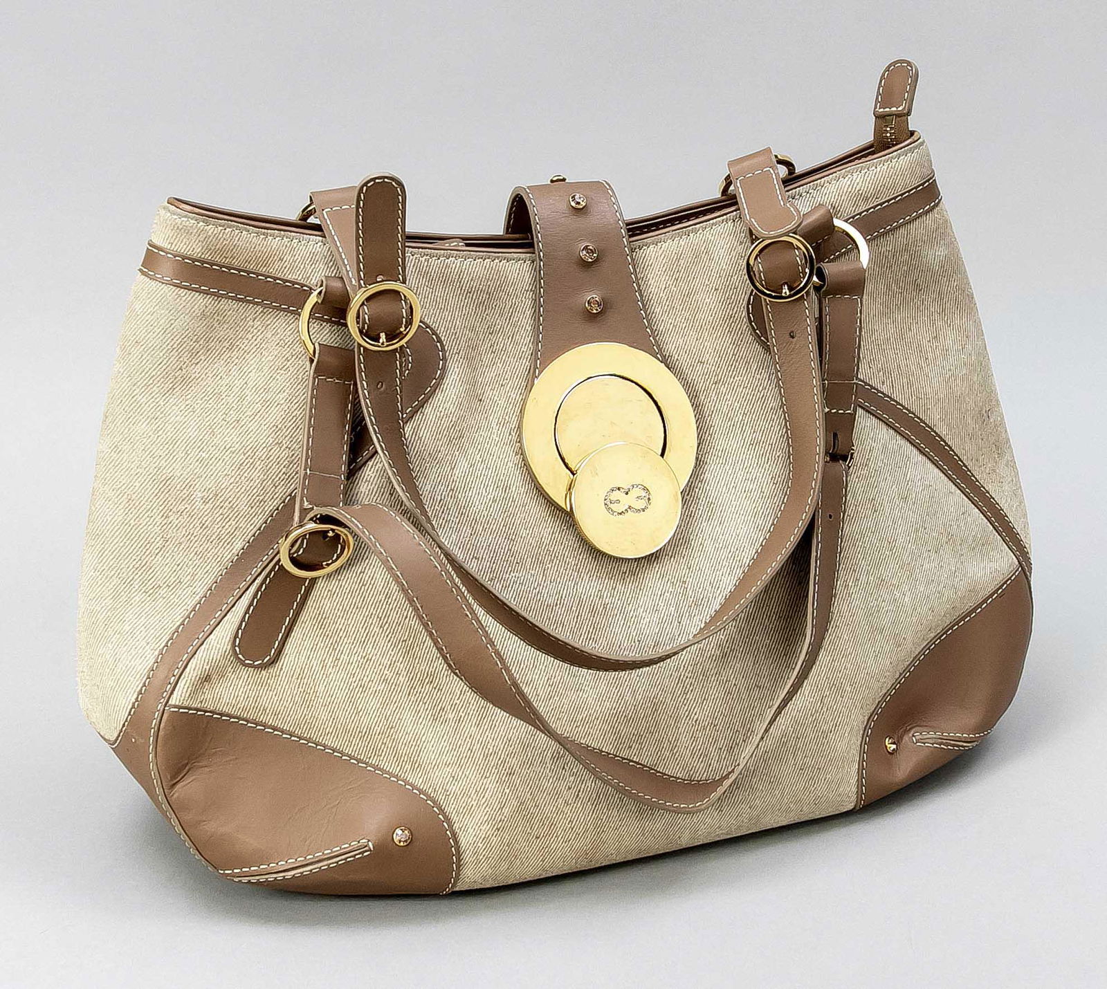 Escada, shoulder bag, beige ca: Escada, shoulder bag, beige canvas with brown leather details, gold-tone hardware, double handles, flap with large frontal decorative buckle and applied rhinestones, textile interior, light signs of w