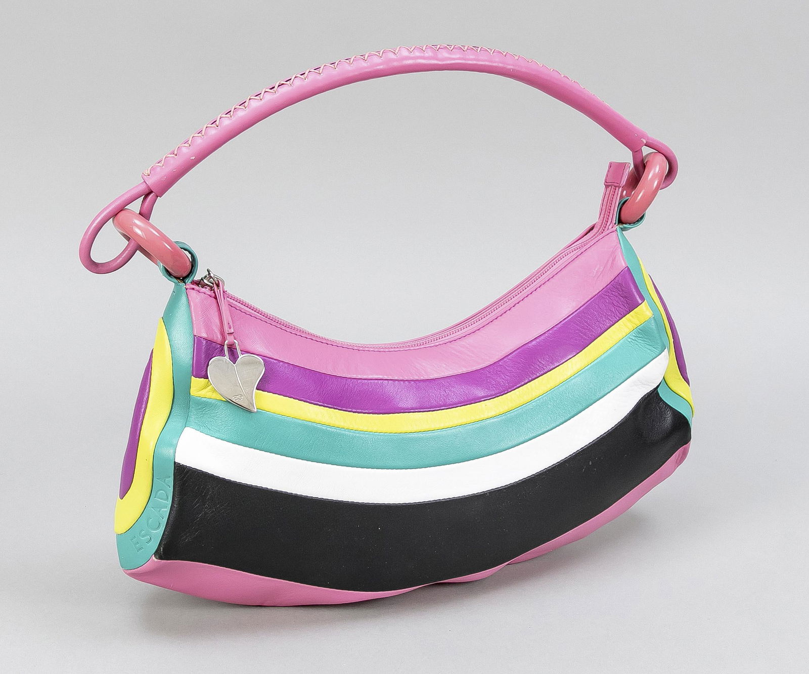 Escada, baguette bag, multicol: Escada, baguette bag, multicolored smooth leather, silver-tone hardware, short shoulder strap with decorative stitching on plastic rings, textile interior, slight signs of wear, approx. 20 x 37 x 6 cm