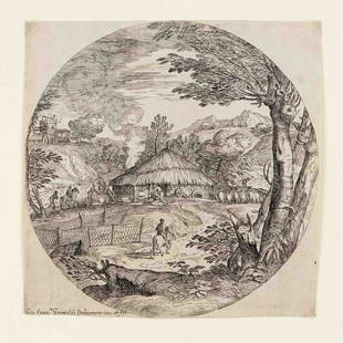 Giovanni Francesco Grimaldi: Giovanni Francesco Grimaldi (1606-1680), Landscape tondo with peasant homestead and country people, etching on handmade paper, signed in the plate lower left, d. 19,2 cm