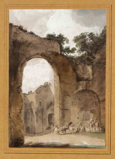 Jean-Baptiste Lallemand (171: Jean-Baptiste Lallemand (1716-1803) (attrib.), two pastorals: Pastoral scenery in ruined landscape with horses at a fountain, gouache on primed, stronger laid paper, 18th cent, mounted at the upper ed