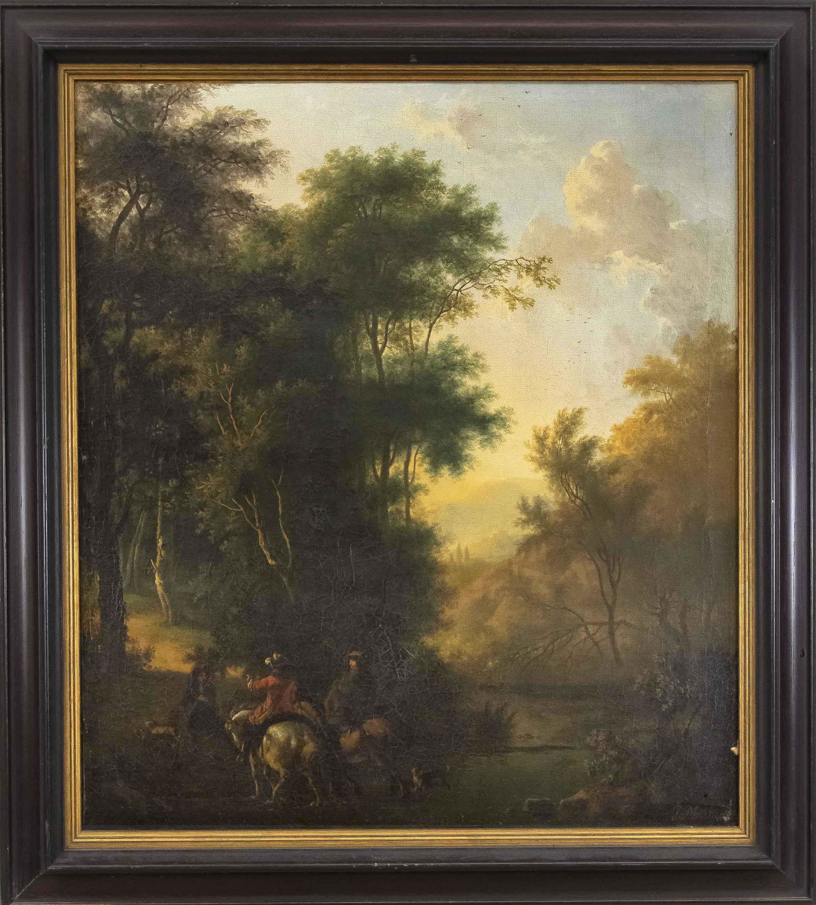 Isaac de Moucheron (1667-174: Isaac de Moucheron (1667-1744), Dutch landscape painter and etcher from Amsterdam, pupil of his father Frederik des Moucheron, active in Rome 1694/97. Small hunting party in a wooded area with a view