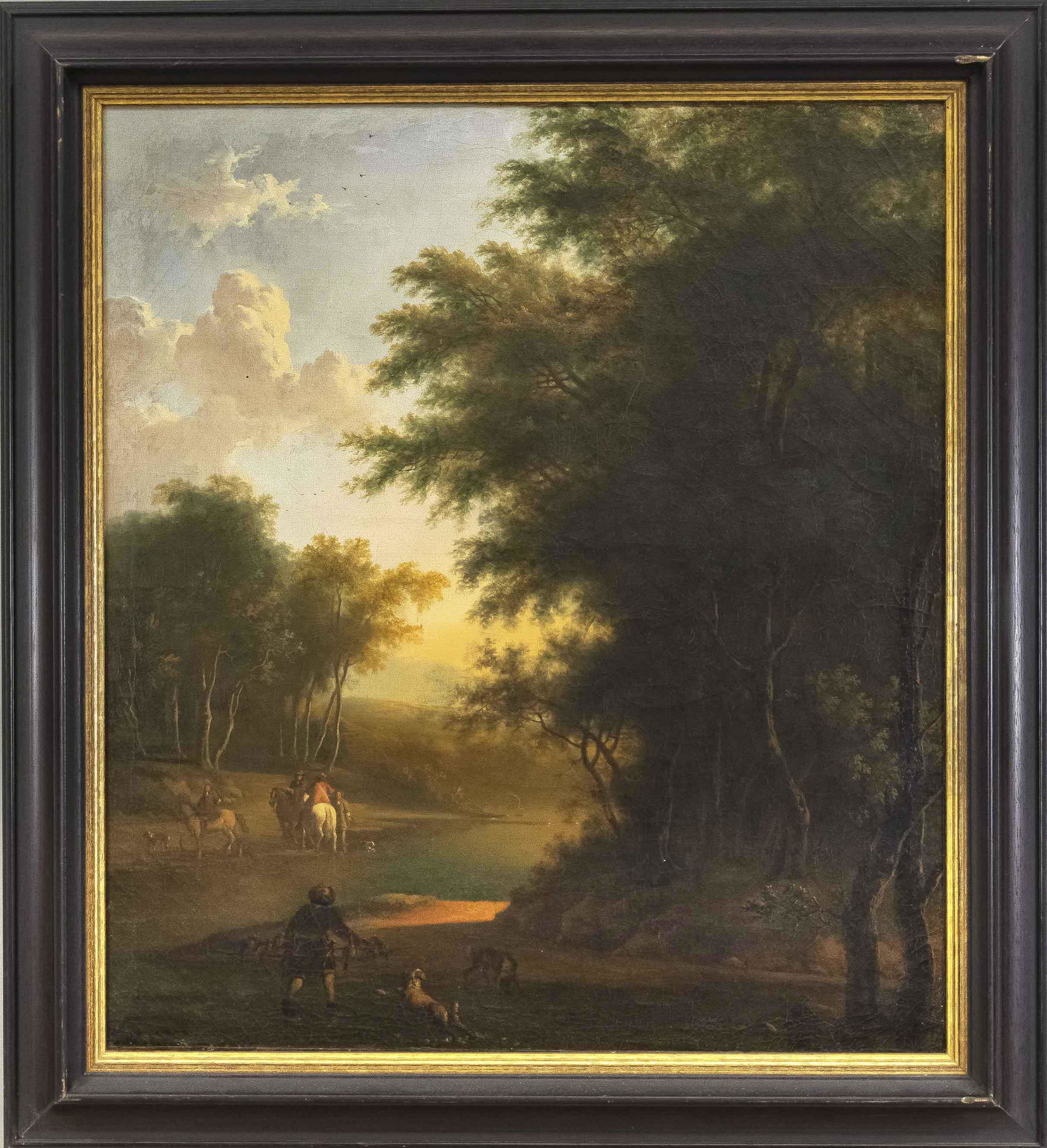 Isaac de Moucheron (1667-174: Isaac de Moucheron (1667-1744), Dutch landscape painter and etcher from Amsterdam, pupil of his father Frederik des Moucheron, active in Rome 1694/97. Small hunting party in a wooded area, pendant to