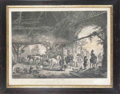 Jean Moyreau (1690-1762) aft: Jean Moyreau (1690-1762) after Philips Wouwerman (1619-1668), ''L'Ecurie'', multi-figure stable scene, etching with written border, lower right white muted repair browned, 35 x 47 cm, framed behind gl