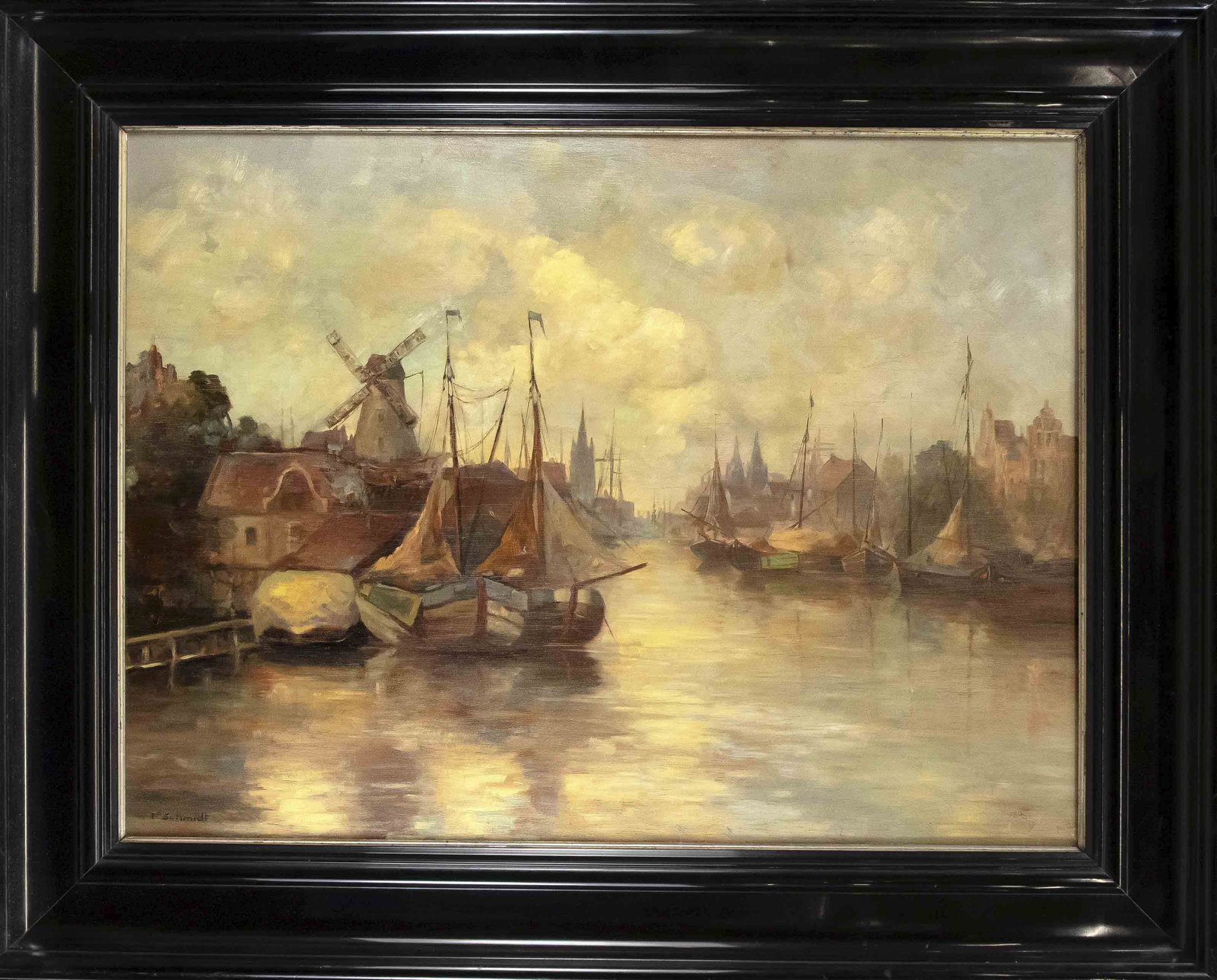 F. Schmidt, view painter c.: F. Schmidt, view painter c. 1910, large Dutch harbor lot, oil on plywood, signed lower left ''F. Schmidt'', 60 x 80 cm, framed 82 x 102 cm