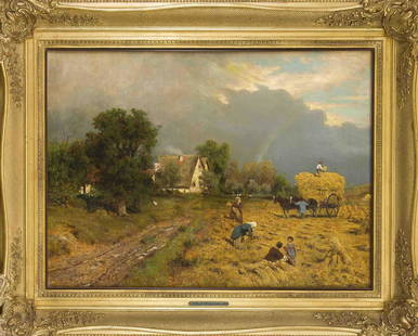 Albert Arnz (1832-1914), DÃ¼ss: Albert Arnz (1832-1914), DÃ¼sseldorf landscape painter, student of Oswald Achenbach, with whom he traveled the Roman Campagna and Naples. Family at harvest with a rainbow in the background, oil on c