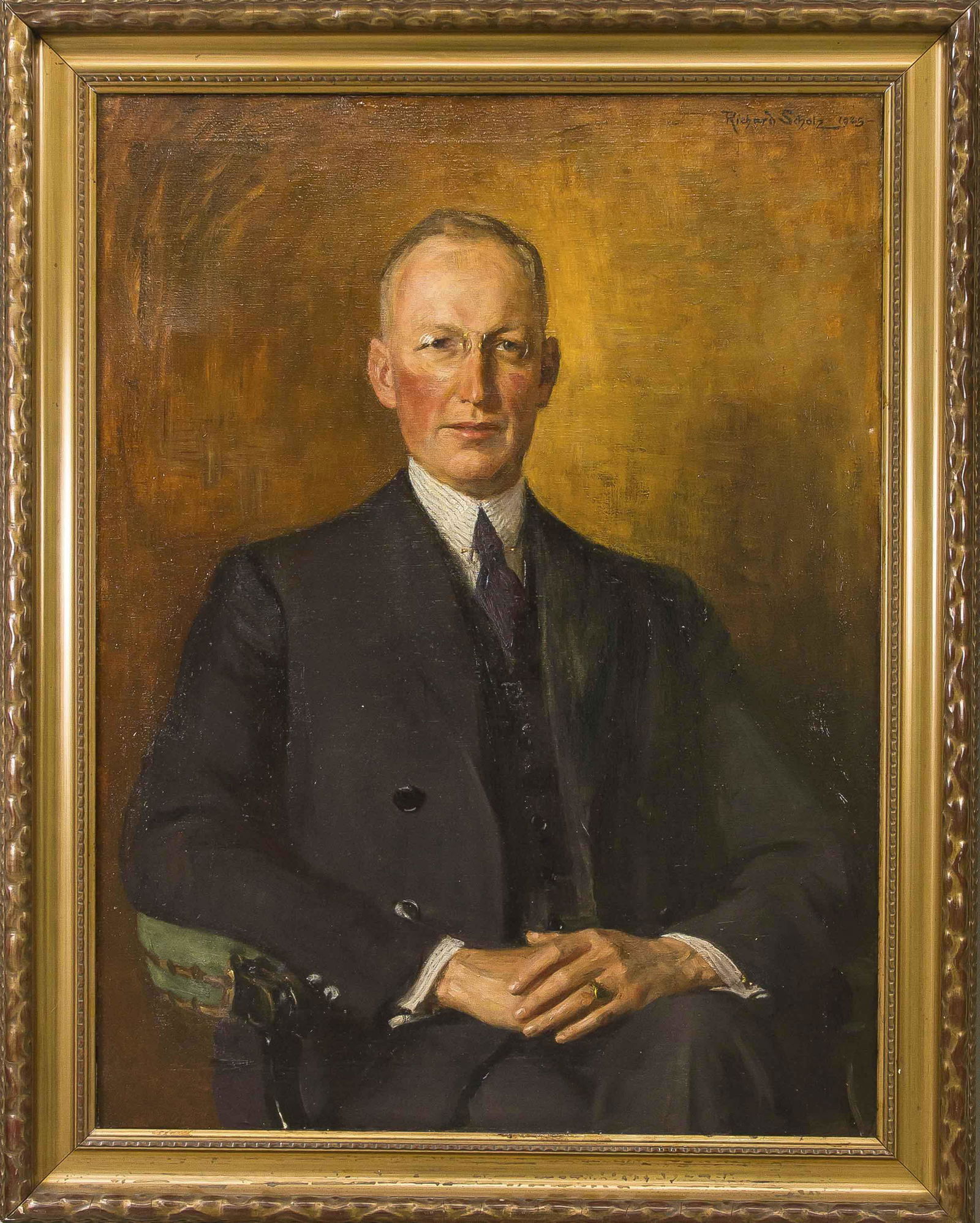 Richard Scholz (1860-1939), P: Richard Scholz (1860-1939), Portrait of a man in an armchair, according to the consignor a member of the Berlin merchant family Freudenberg, oil on canvas, signed u. r. dated ''Rich Scholz 1925'', 102