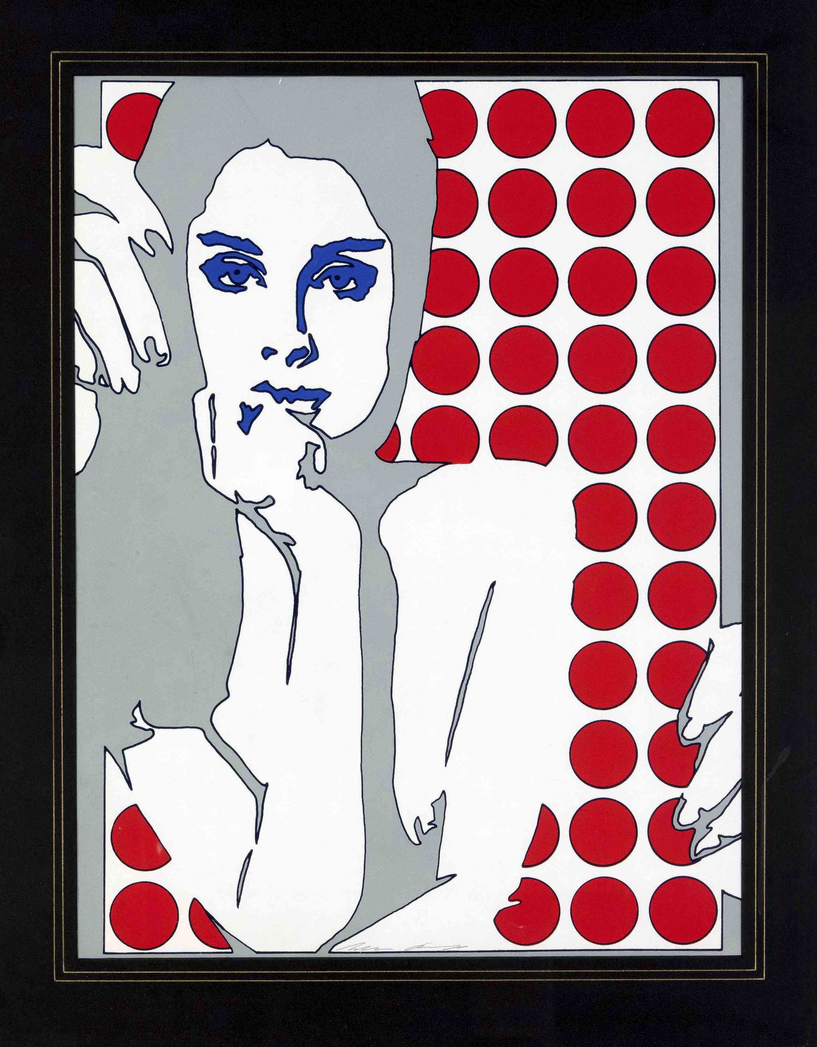 Werner Berges (1941-2017), yo: Werner Berges (1941-2017), young woman in front of red dots, color serigraph, signed by hand on the lower margin, 56 x 42 cm, framed behind glass and passepartout 73 x 58 cm