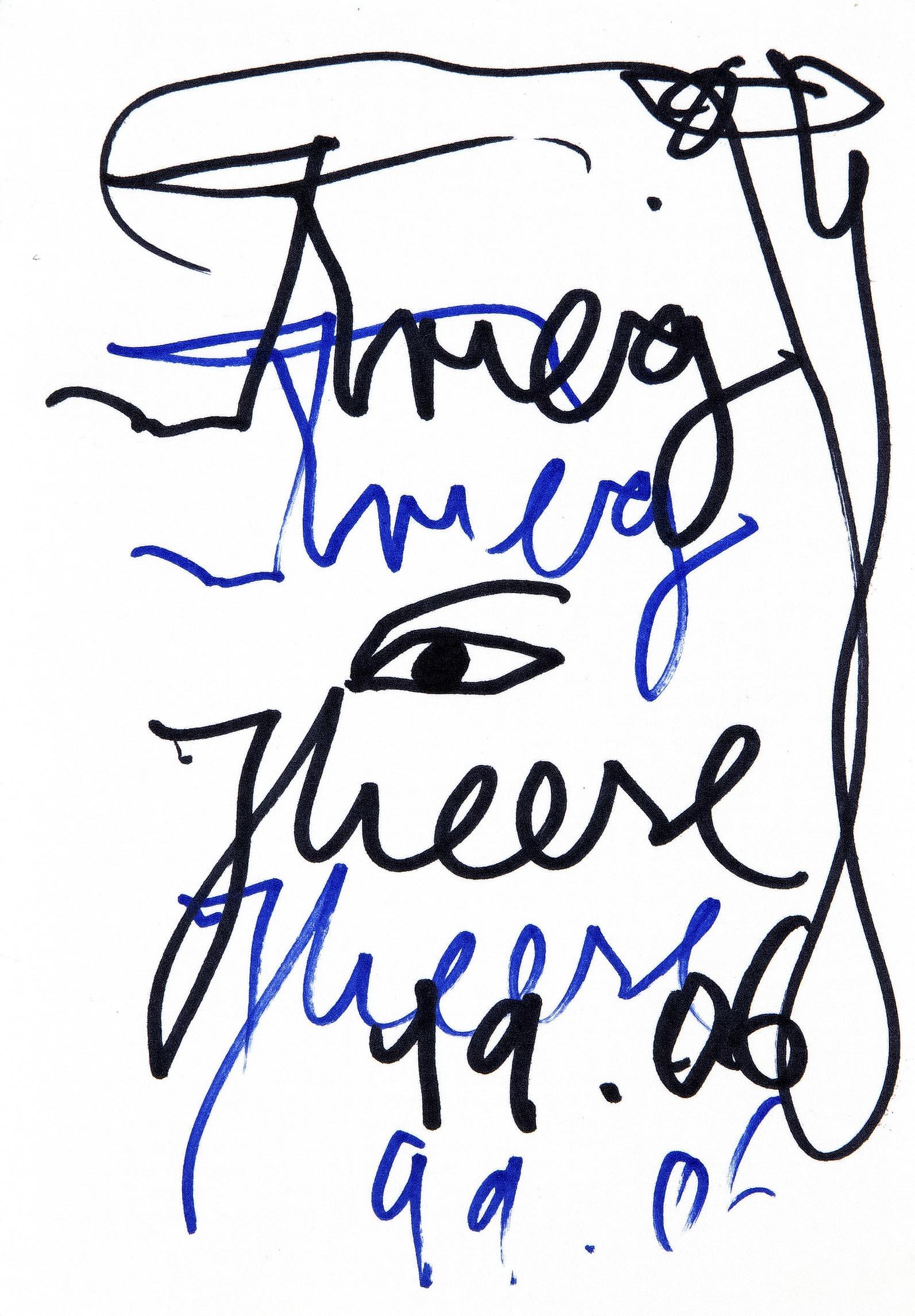 Jonathan Meese (*1970), ''Kri: Jonathan Meese (*1970), ''Krieg 19.06'', small occasional drawing in blue and black felt-tip pen on strong paper, signed and dated twice, 15 x 10,5 cm