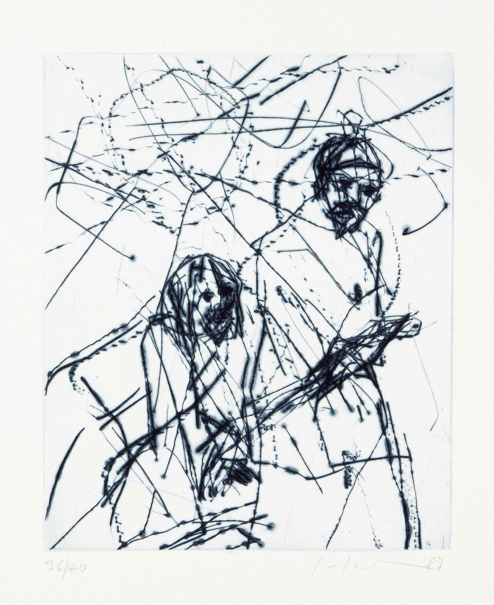 Friedemann Hahn (*1949), mast: Friedemann Hahn (*1949), master student of Karl Otto GÃ¶tz at the DÃ¼sseldorf Art Academy. Set of three abstracted figurative aquatint etchings, bottom right signed by hand u. dated (19)87/89, bot