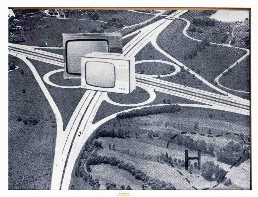 Wolf Vostell (1932-1998), Fer: Wolf Vostell (1932-1998), Fernseher auf Autobahnkreuz, serigraph on paper, unsigned, 1970, verso stamp of Verlag Kuhn in Aachen, 72 x 100 cm, in interchangeable frame 81 x 106 cm