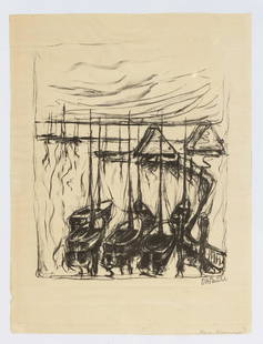 Otto Muehl (1925-2013), Boats: Otto Muehl (1925-2013), Boats in the harbor, lithograph, signed by hand lower right, expressive early work of the later Viennese Actionist. Dr. Klocker of the Estate Otto Muehl confirms the inclusion