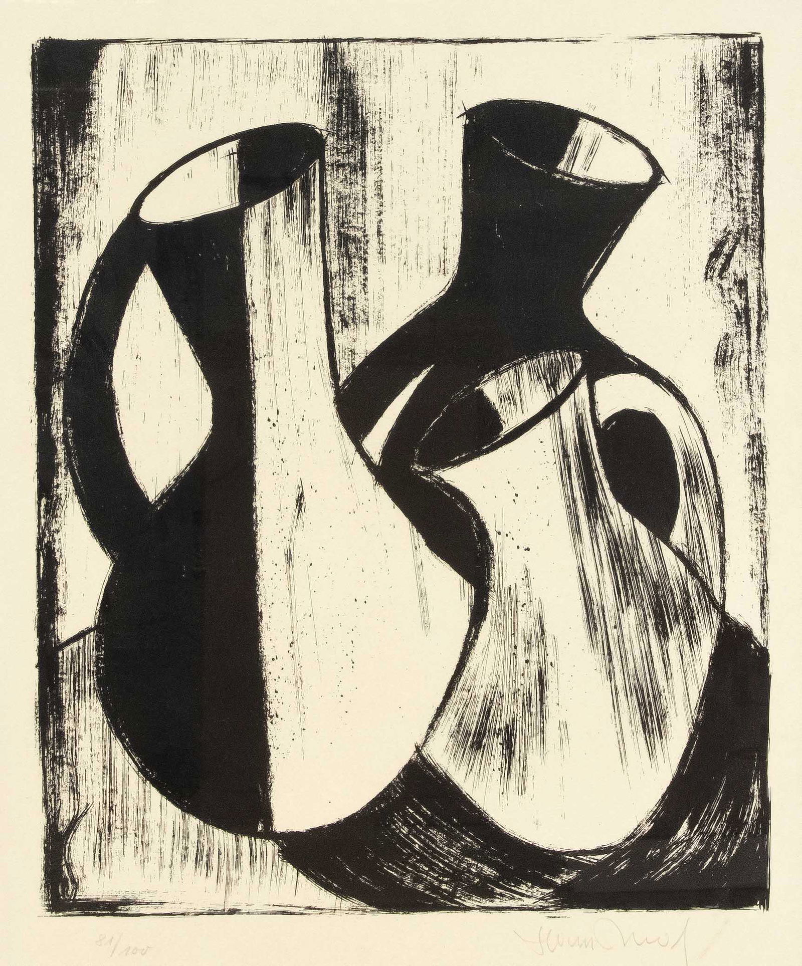 Hans Nowak (1922-1996), Germa: Hans Nowak (1922-1996), German painter and sculptor from Halle (Saale), still life with jugs, large lithograph, signed lower right, lower left num 81/100, 60 x 50 cm, framed behind glass 80 x 62 cm