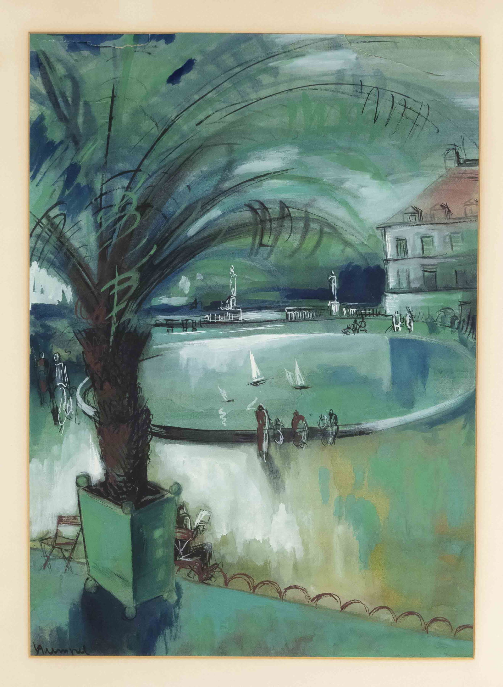 Horst Strempel (1904-1975), G: Horst Strempel (1904-1975), German painter and graphic artist, studied in Breslau with Otto Mueller and Oskar Moll and in Berlin with Karl Hofer. Park with palm tree and round pool, watercolor and gou
