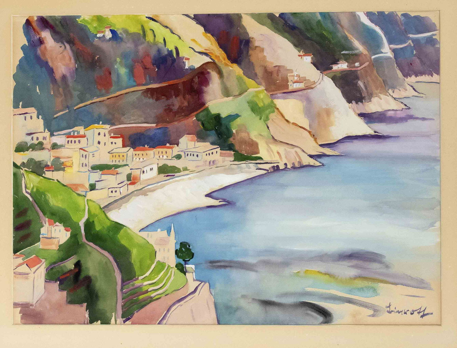 Edward Barnard Lintott (1875-: Edward Barnard Lintott (1875-1951), Amalfi Coast, aquarelle on paper, signed ''Lintott'' lower right, 47 x 65 cm, framed behind glass and mount 68 x 84 cm