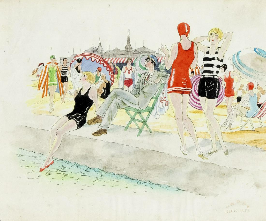 Harry Beckhoff (1901-1979) (a: Harry Beckhoff (1901-1979) (attrib.), us-American illustrator. Beach scene, watercolor over pen on paper, bottom right inscribed ''Harry Beckhoff'', 22,5 x 27 cm, framed behind glass 27 x 32 cm