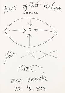A.R. Penck (1939-2017), catal: A.R. Penck (1939-2017), catalog of Galerie Michael Schultz, Berlin 2002, lim. 500 copies, with a hand drawing by Penck on the title: Oval shape with arrows and the motto from Virgil ''Mens agitat Mole