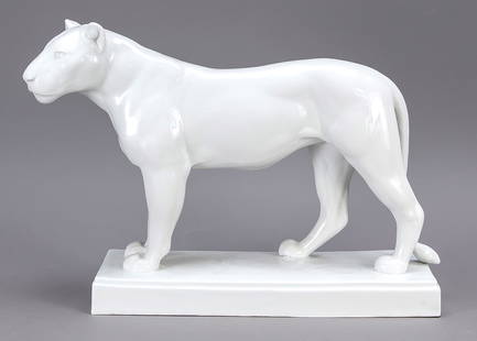 Standing lioness, Meissen, mar: Standing lioness, Meissen, mark after 1934, deputation, design August Gaul 1922, reworked by Max Esser, model no. A 1054, ''Löwin'', standing and alert looking lioness, signed ''A GAUL'' on square