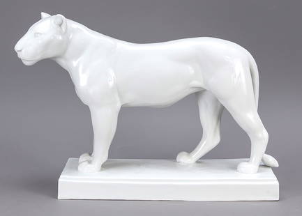 Standing lioness, Meissen, mar: Standing lioness, Meissen, mark after 1934, deputation, design August Gaul 1922, reworked by Max Esser, model no. A 1054, ''LÃ¶win'', standing and alert looking lioness, signed ''A GAUL'' on square