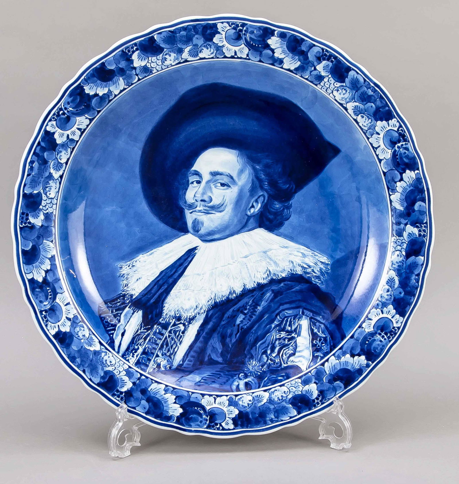 Large plate, Delft, Porceleyne: Large plate, Delft, Porceleyne Fles, Holland, Laughing Cavalier after Frans Hals, ceramic, painted in underglaze blue, Ã˜ 41 cm