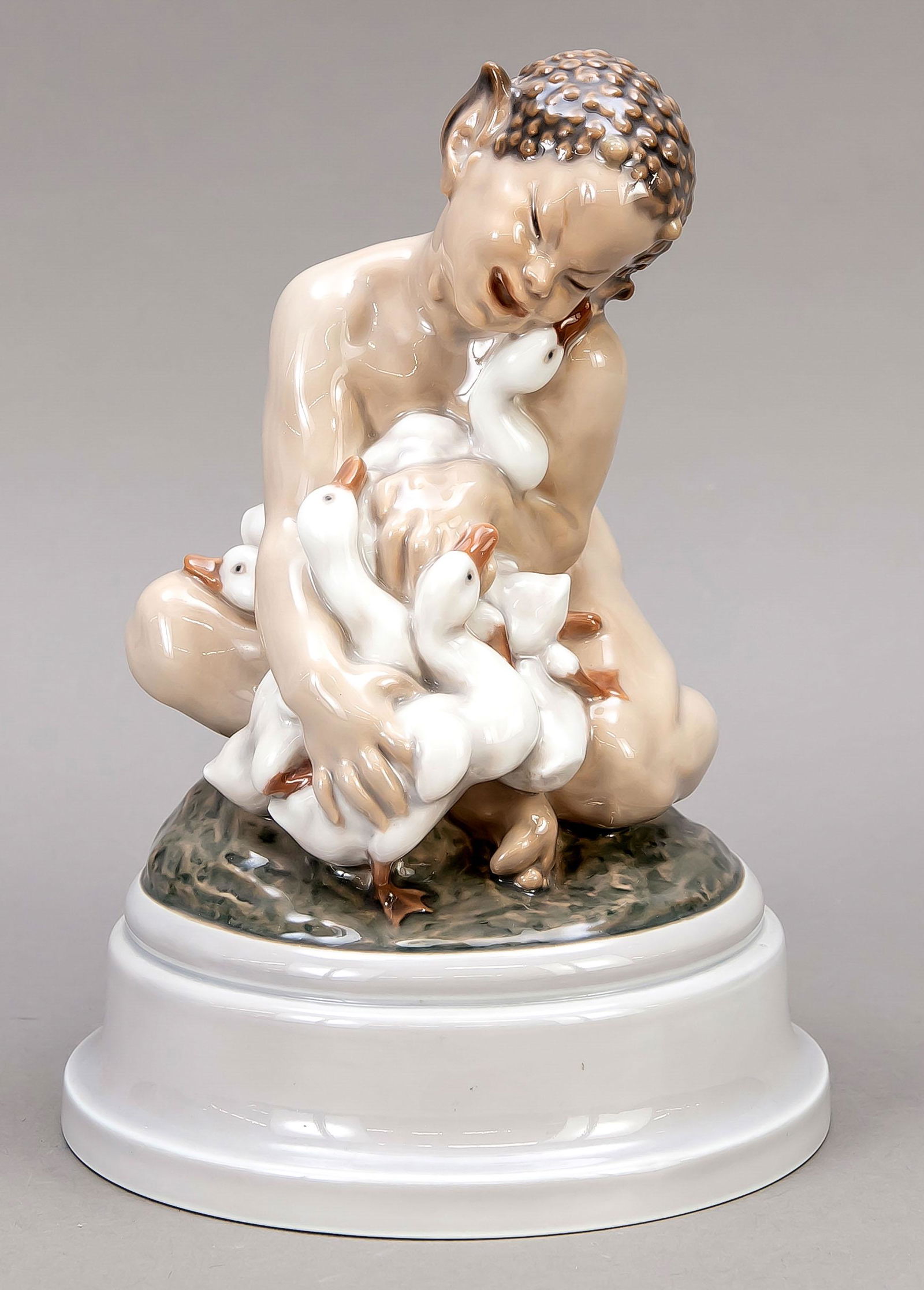 Faun with ducklings, Dahl-Jens: Faun with ducklings, Dahl-Jensen Copenhagen, designed by Jacob Jensen BregnÃ¸ (1877-1946), green stamp with addition Denmark 1939-1981, painted model no. 1198, young faun trying to hold all the duck
