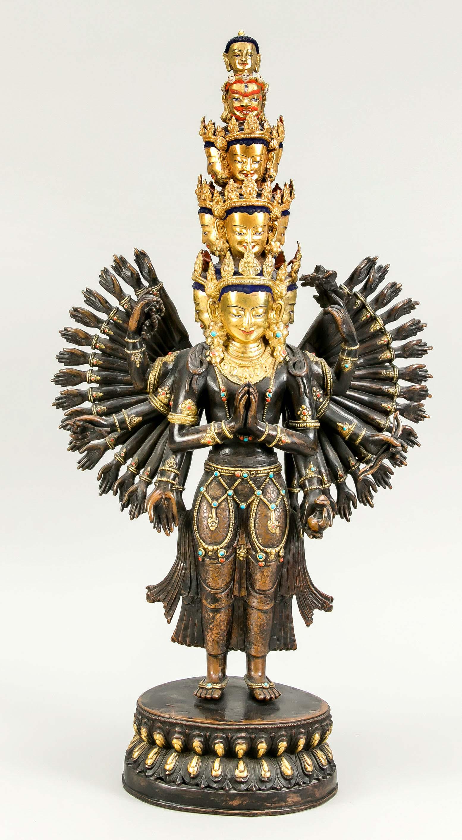 Avalokiteshvara, Tibet, end of: Avalokiteshvara, Tibet, end of the 19th century, bronze, partially gilded, set coral and turquoise. Consisting of 2 parts: double lotus base and inserted figure. Partially polychrome painted. Robe wit