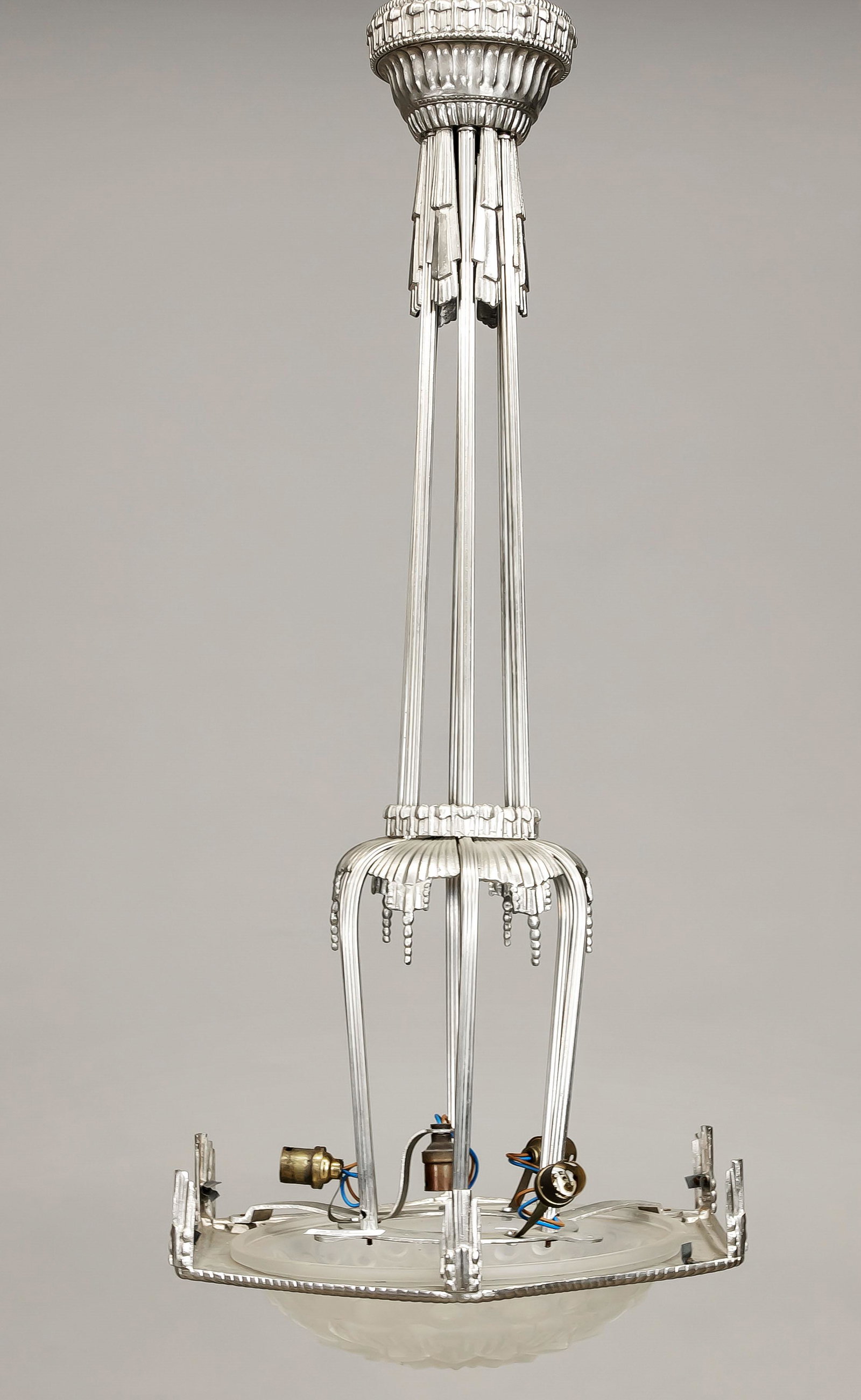 Art deco ceiling lamp, around 193: Art deco ceiling lamp, around 1930, chrome-plated metal frame, frosted glass shade, h. approx. 92 cm