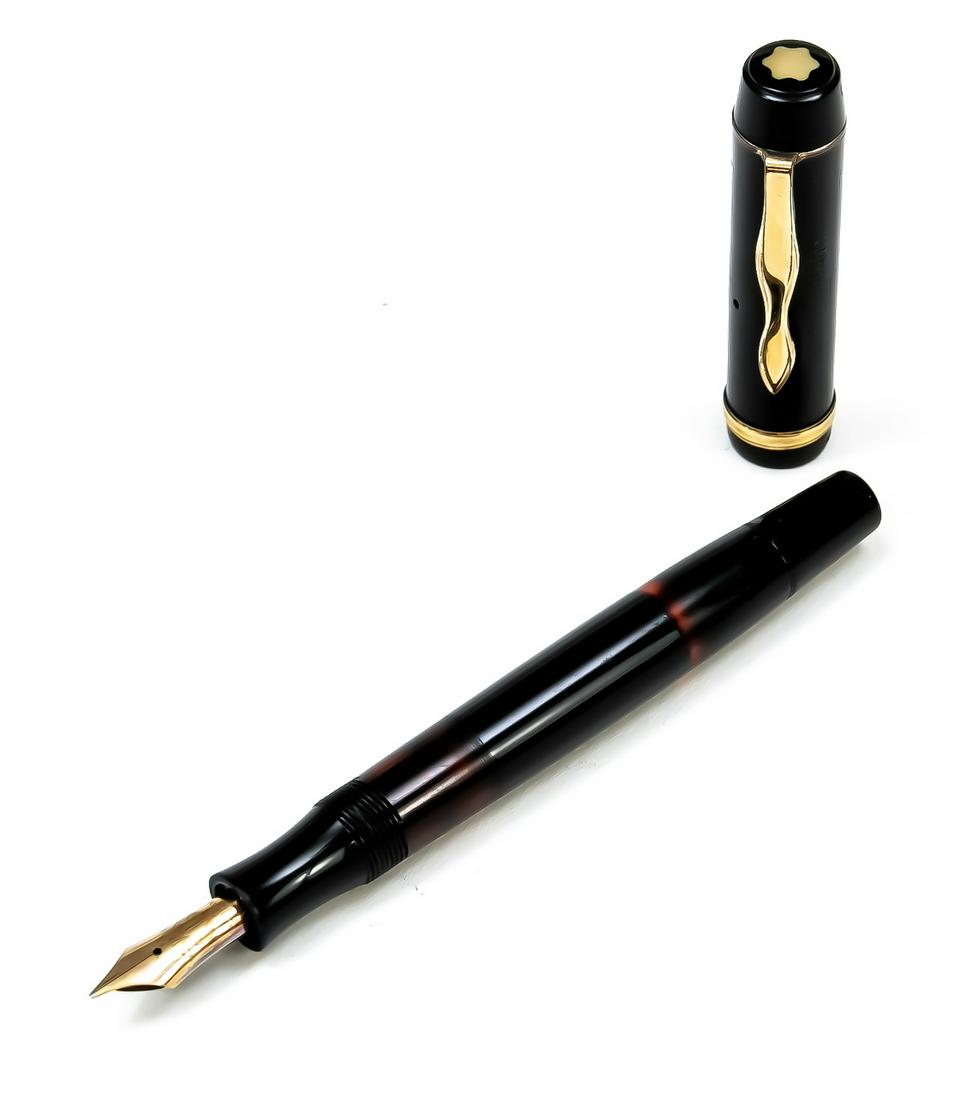 Montblanc piston fountain pen, mi: Montblanc piston fountain pen, mid 20th century, 14 C (585) yellow gold nib, black case, gilded applications, cap with inscription Glasurit and bore, l. 12 cm