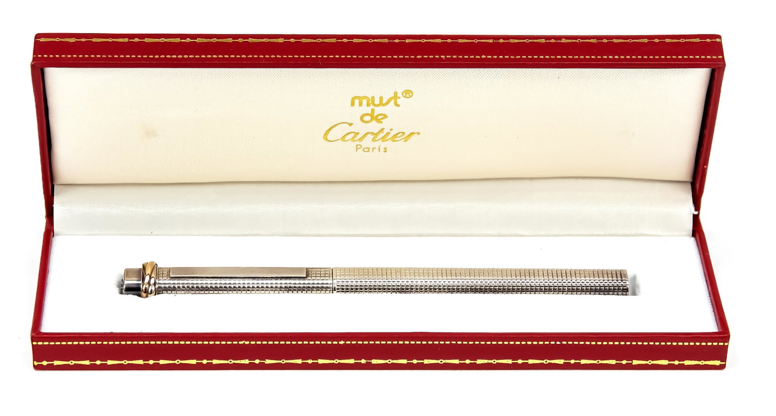 Cartier ballpoint pen, 2nd half o: Cartier ballpoint pen, 2nd half of the 20th century, must de Cartier, silver-plated casing, l. 13.5 cm, in original case, l. 18 cm
