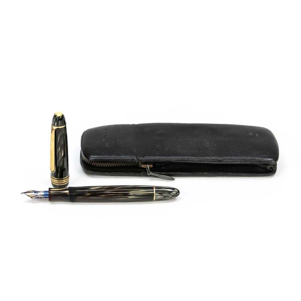 Montblanc Masterpiece piston foun: Montblanc Masterpiece piston fountain pen, mid-20th century, no. 144 G, 14 C (585) yellow gold/white gold nib, black case with mother-of-pearl stripes and gilt applications, l. 13 cm, in case, l. 15 c