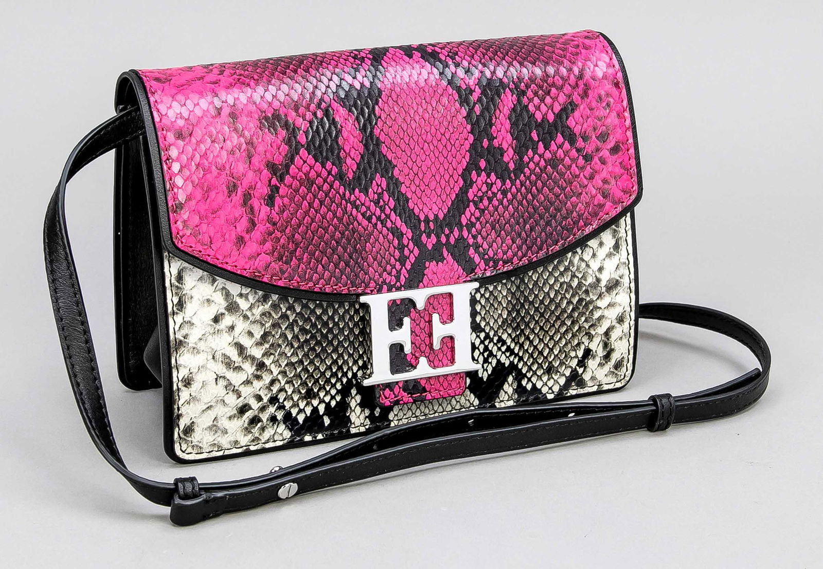 Escada, Small crossbody bag, m: Escada, Small crossbody bag, multicoloured embossed leather in reptile look, silver-tone hardware, slim detachable shoulder strap, flap with large frontal logo buckle, textile interior, lightly marked