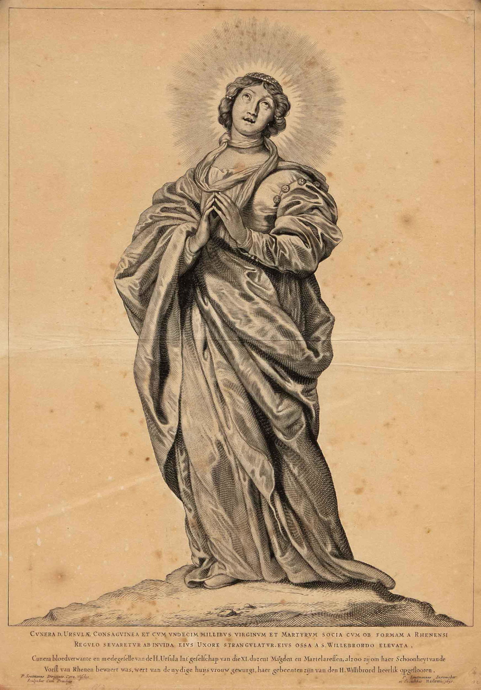 Cornelis Visscher (1619/29-165: Cornelis Visscher (1619/29-1658/62) after Pieter Claesz Soutman (ca.1580-1657), St. Ursula with halo and luxuriant robe, copper engraving on handmade paper, inscribed in two languages in the margin, H