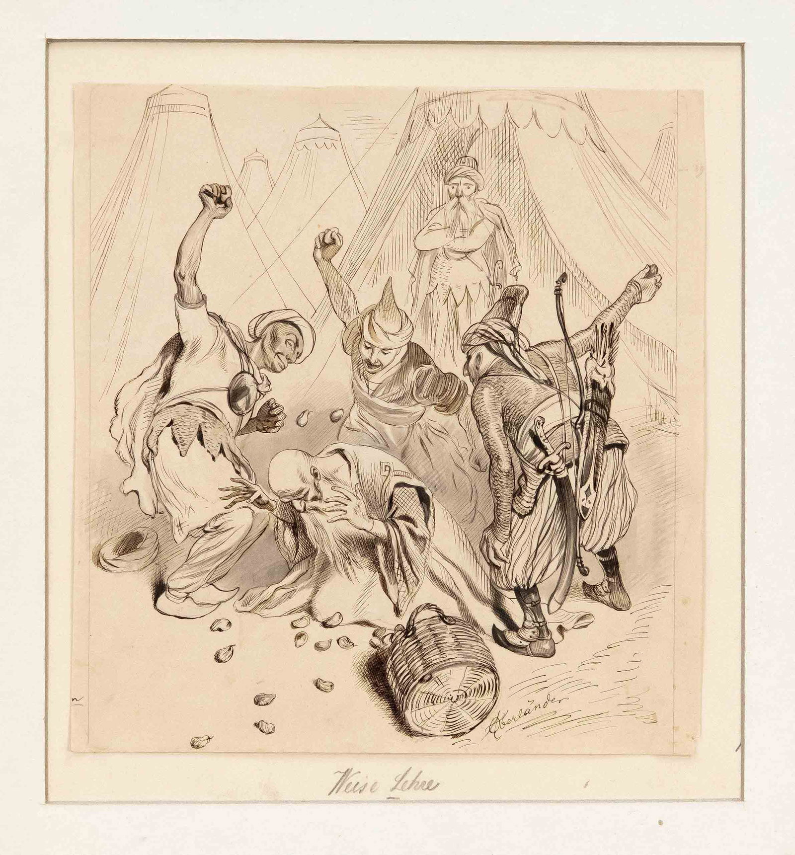 Adolf OberlÃ¤nder (1845-1923),: Adolf OberlÃ¤nder (1845-1923), Munich painter and draughtsman and pupil of Ferdinand von Piloty. Satirical drawing ''Weise Lehre'', in front of a tent village a man with fruits is ''stoned'', washed