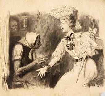 Theodor Graetz (1859-1947), Mu: Theodor Graetz (1859-1947), Munich illustrator and caricaturist for the ''Fliegende BlÃ¤tter. Two drawings: luscious lady in a cab, ink drawing on cardboard, as well as frightened lady at the palm r