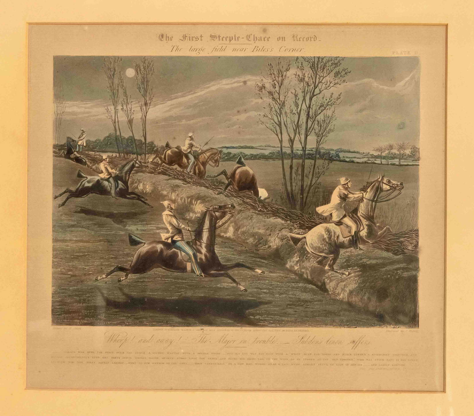 J. Harris after Henry Thomas A: J. Harris after Henry Thomas Alken (1785-1851), English equestrian scene ''The first Steepe-Chace on Record'', colour aquatint mid 19th century, with detailed written border, browned, 35,5 x 41,5 cm,