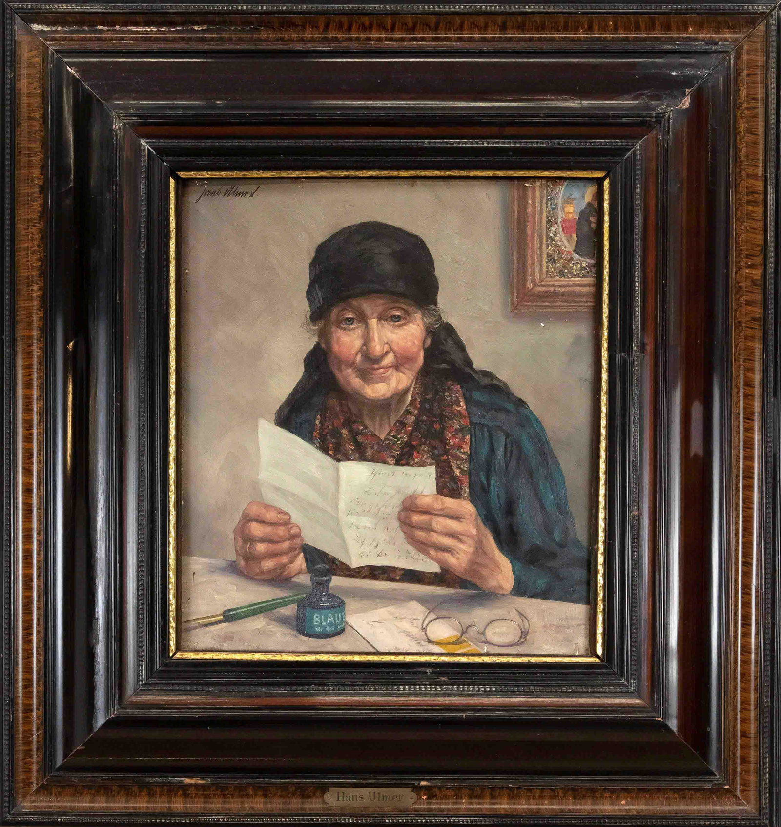 Hans Ulmer (1886-?), Munich ge: Hans Ulmer (1886-?), Munich genre painter. Portrait of an elderly woman writing a letter, oil on wood, signed o. l., minimally rubbed, 36 x 31 cm, framed 60 x 59 cm